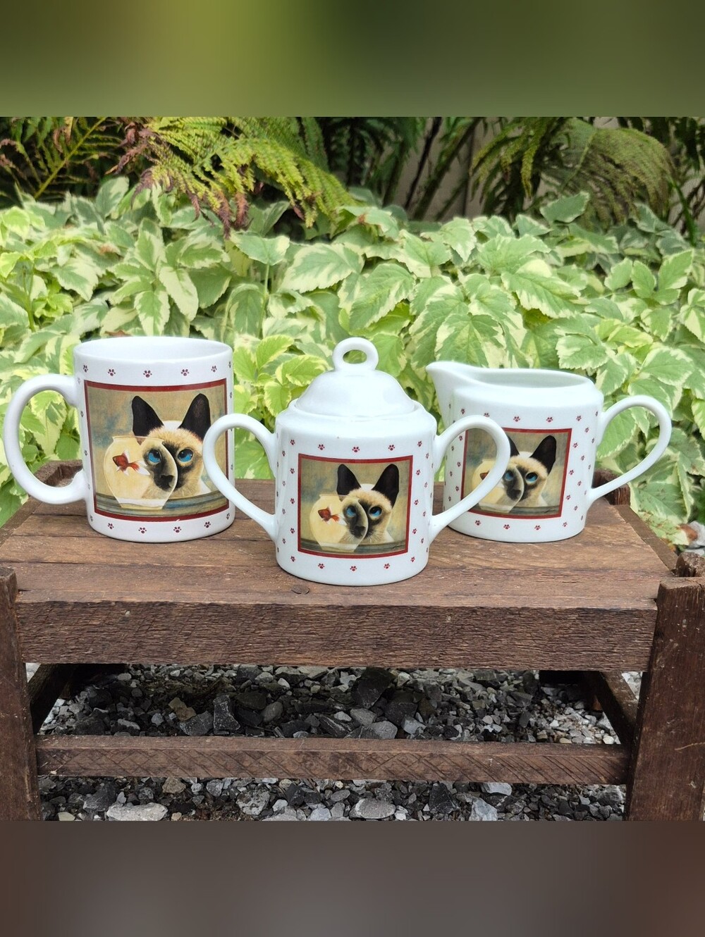 VTG 1986 Vandor Lowell Herrero Siamese Cat Cream Sugar Mug Set LIKE NEW